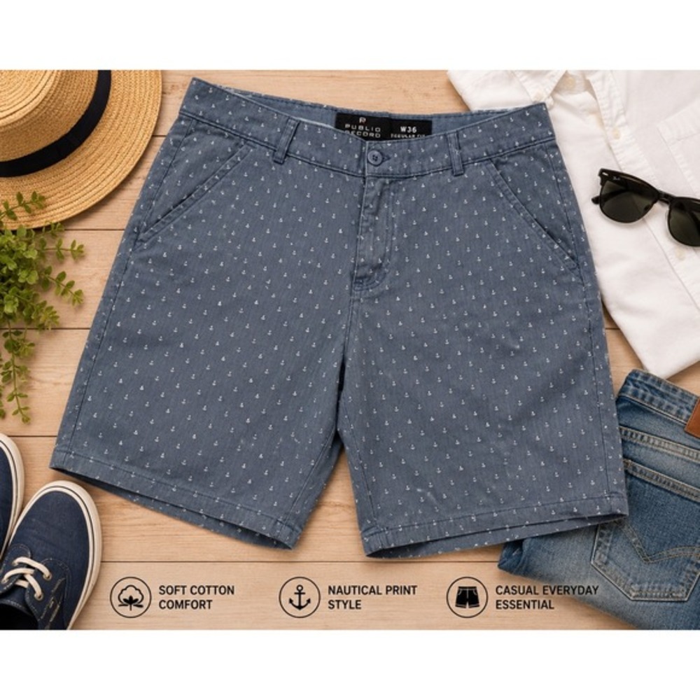 Public Record Chambray anchor print men's 36 flat front‎ Shorts nautical coastal